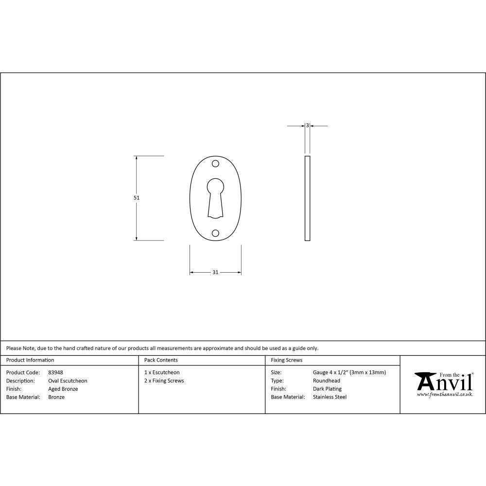 This is an image showing From The Anvil - Aged Bronze Oval Escutcheon available from trade door handles, quick delivery and discounted prices