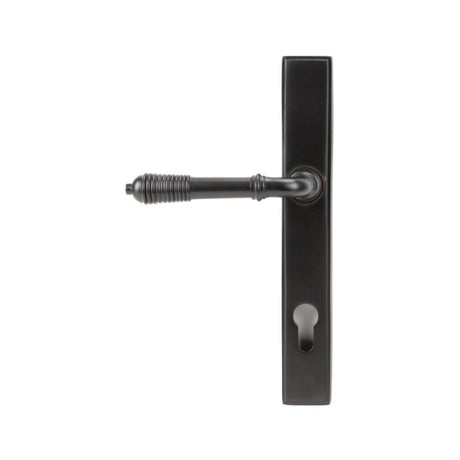 This is an image showing From The Anvil - Aged Bronze Reeded Slimline Lever Espag. Lock Set available from trade door handles, quick delivery and discounted prices