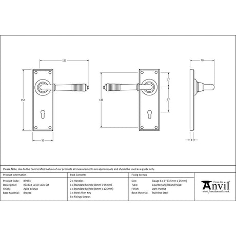 This is an image showing From The Anvil - Aged Bronze Reeded Lever Lock Set available from trade door handles, quick delivery and discounted prices