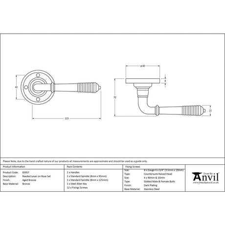 This is an image showing From The Anvil - Aged Bronze Reeded Lever on Rose Set available from trade door handles, quick delivery and discounted prices