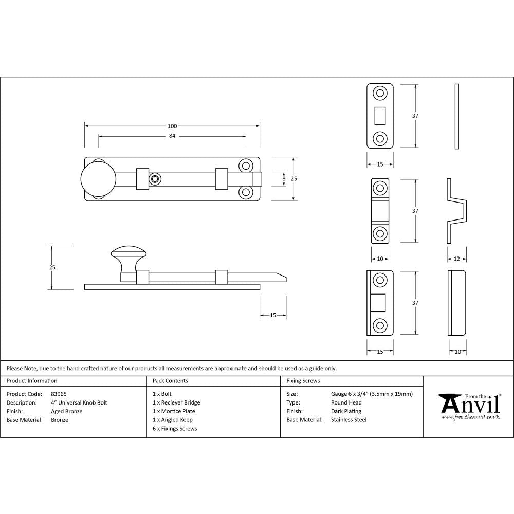 This is an image showing From The Anvil - Aged Bronze 4" Universal Bolt available from trade door handles, quick delivery and discounted prices