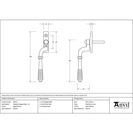 This is an image showing From The Anvil - Aged Bronze Reeded Espag - LH available from T.H Wiggans Architectural Ironmongery in Kendal, quick delivery and discounted prices