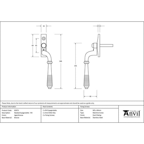 This is an image showing From The Anvil - Aged Bronze Reeded Espag - RH available from T.H Wiggans Architectural Ironmongery in Kendal, quick delivery and discounted prices