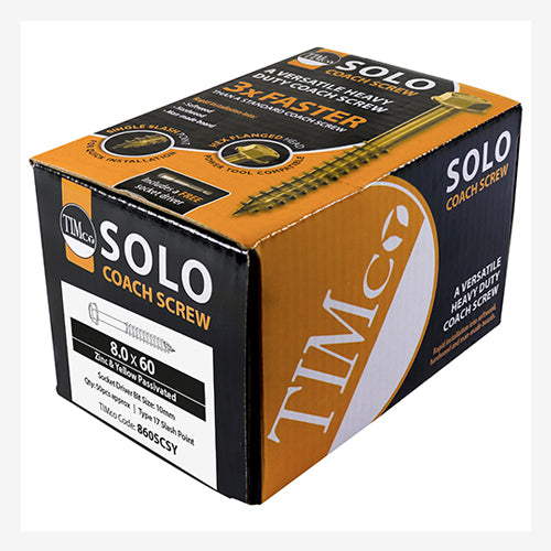 This is an image showing TIMCO Advanced Coach Screws - Hex Flange - Yellow - 8.0 x 60 - 50 Pieces Box available from T.H Wiggans Ironmongery in Kendal, quick delivery at discounted prices.