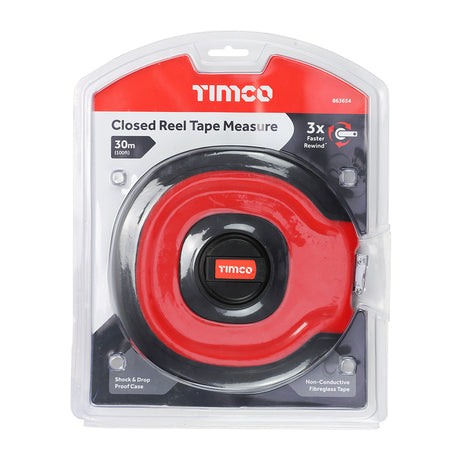 This is an image showing TIMCO Closed Reel Tape Measure - 30m x 13mm - 1 Each Blister Pack available from T.H Wiggans Ironmongery in Kendal, quick delivery at discounted prices.