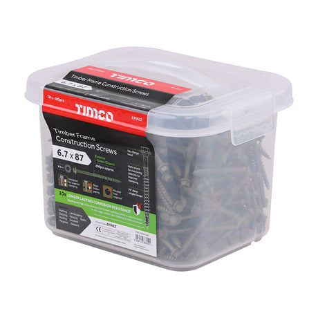 This is an image showing TIMCO Timber Frame Construction & Landscaping Screws - Hex - Exterior - Green Organic - 6.7 x 87 - 400 Pieces Tub available from T.H Wiggans Ironmongery in Kendal, quick delivery at discounted prices.