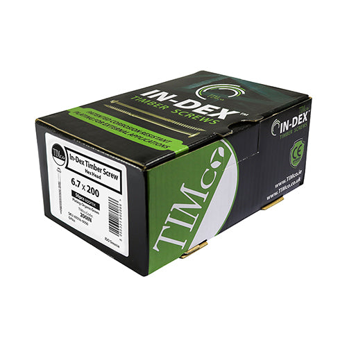 This is an image showing TIMCO Timber Frame Construction & Landscaping Screws - Hex - Exterior - Green Organic - 6.7 x 87 - 50 Pieces Box available from T.H Wiggans Ironmongery in Kendal, quick delivery at discounted prices.