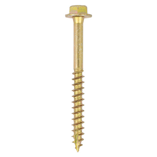 This is an image showing TIMCO Advanced Coach Screws - Hex Flange - Yellow - 8.0 x 80 - 50 Pieces Box available from T.H Wiggans Ironmongery in Kendal, quick delivery at discounted prices.