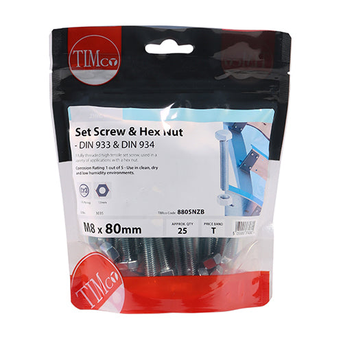 This is an image showing TIMCO Set Screws & Hex Nuts - Grade 8.8 - Zinc - M8 x 80 - 25 Pieces TIMbag available from T.H Wiggans Ironmongery in Kendal, quick delivery at discounted prices.