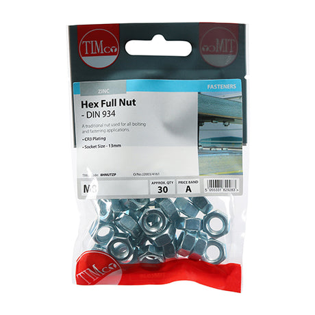 This is an image showing TIMCO Hex Full Nuts - Zinc - M8 - 30 Pieces TIMpac available from T.H Wiggans Ironmongery in Kendal, quick delivery at discounted prices.
