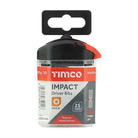 This is an image showing TIMCO Impact Driver Bits - Hex - 8.0 x 25 - 10 Pieces Handy Bit Pack available from T.H Wiggans Ironmongery in Kendal, quick delivery at discounted prices.