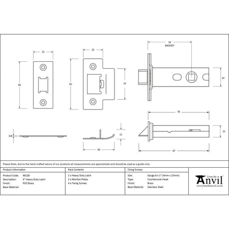This is an image showing From The Anvil - PVD Brass 3" Heavy Duty Latch available from T.H Wiggans Architectural Ironmongery in Kendal, quick delivery and discounted prices
