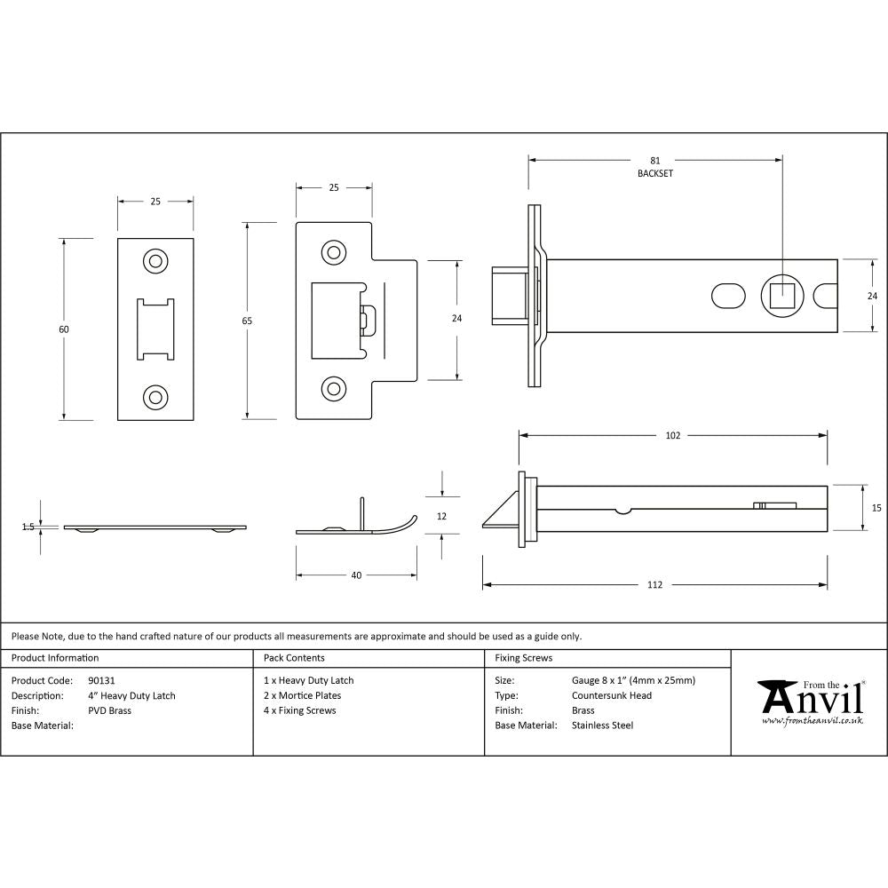 This is an image showing From The Anvil - PVD Brass 4" Heavy Duty Latch available from T.H Wiggans Architectural Ironmongery in Kendal, quick delivery and discounted prices