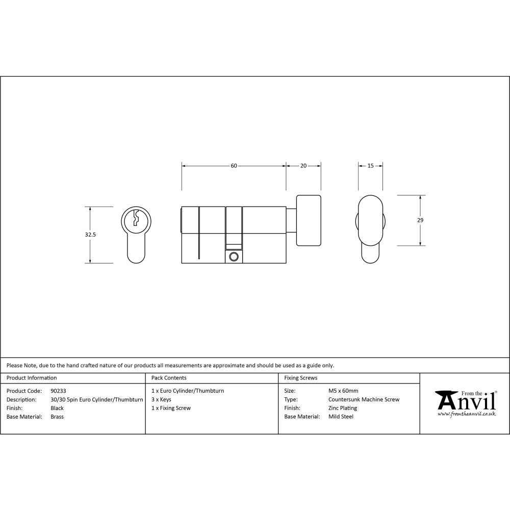 This is an image showing From The Anvil - Black 30/30 6pin Euro Cylinder/Thumbturn available from T.H Wiggans Architectural Ironmongery in Kendal, quick delivery and discounted prices