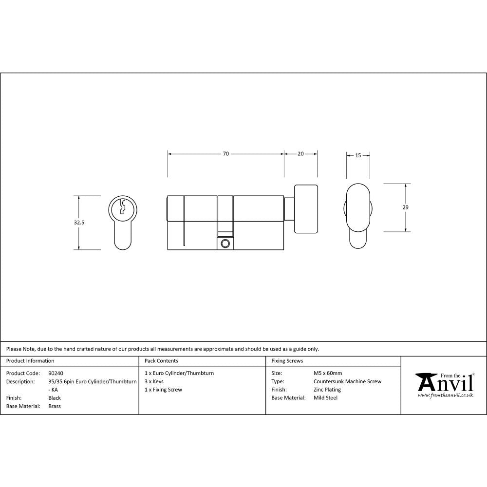 This is an image showing From The Anvil - Black 35/35 6pin Euro Cylinder/Thumbturn KA available from T.H Wiggans Architectural Ironmongery in Kendal, quick delivery and discounted prices