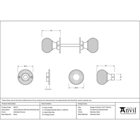 This is an image showing From The Anvil - Polished Chrome Heavy Beehive Mortice/Rim Knob Set available from trade door handles, quick delivery and discounted prices