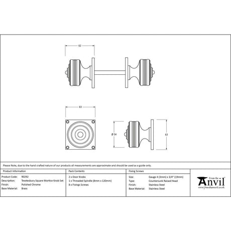 This is an image showing From The Anvil - Polished Chrome Tewkesbury Square Mortice Knob Set available from trade door handles, quick delivery and discounted prices