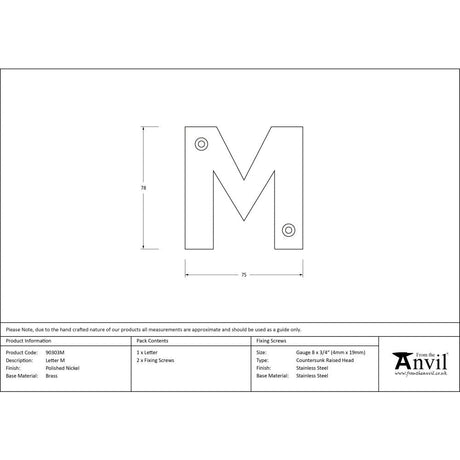 This is an image showing From The Anvil - Polished Nickel Letter M available from trade door handles, quick delivery and discounted prices