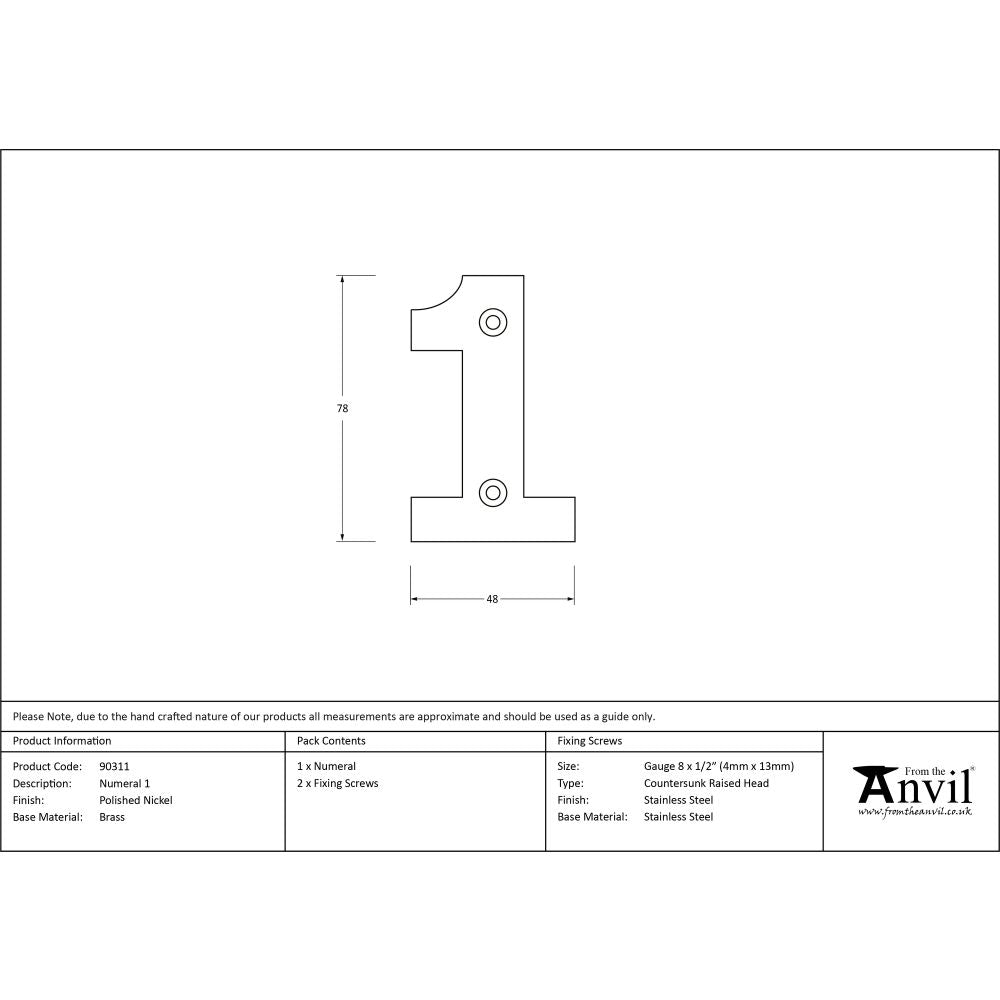 This is an image showing From The Anvil - Polished Nickel Numeral 1 available from trade door handles, quick delivery and discounted prices