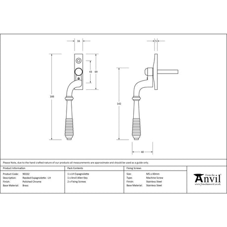 This is an image showing From The Anvil - Polished Chrome Reeded Espag - LH available from T.H Wiggans Architectural Ironmongery in Kendal, quick delivery and discounted prices