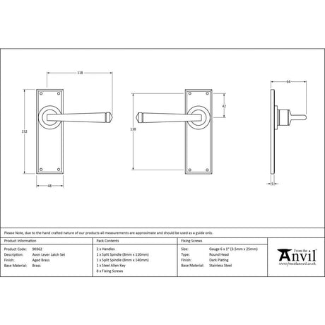 This is an image showing From The Anvil - Aged Brass Avon Lever Latch Set available from trade door handles, quick delivery and discounted prices