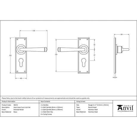 This is an image showing From The Anvil - Polished Nickel Avon Lever Euro Lock Set available from trade door handles, quick delivery and discounted prices