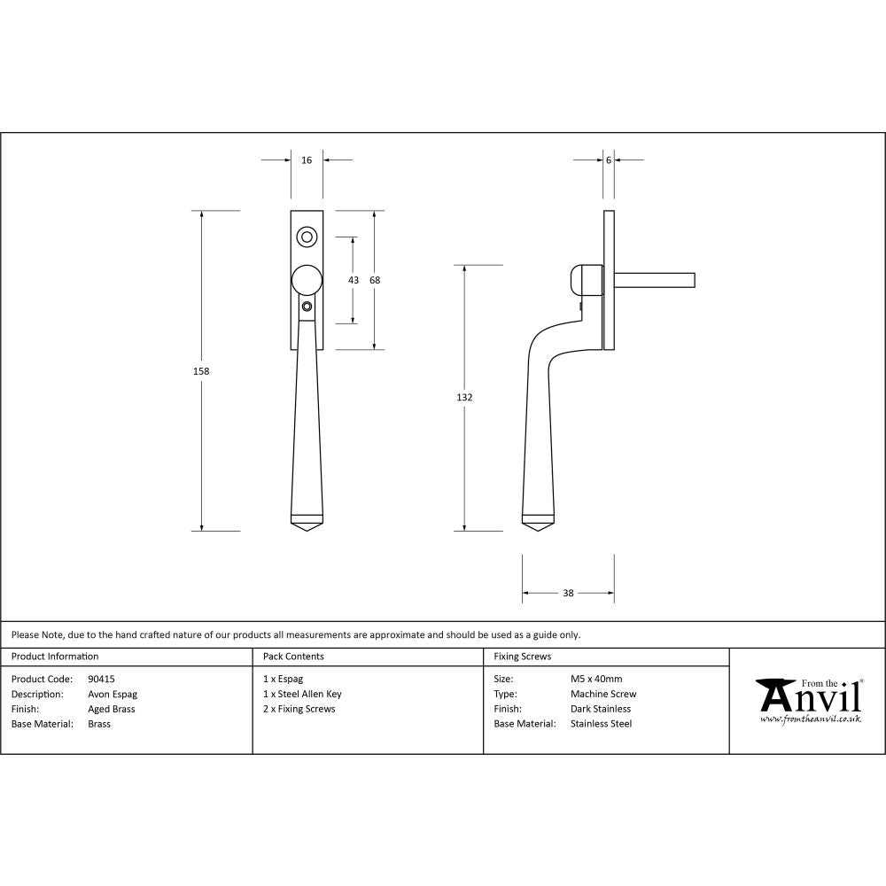 This is an image showing From The Anvil - Aged Brass Avon Espag available from T.H Wiggans Architectural Ironmongery in Kendal, quick delivery and discounted prices