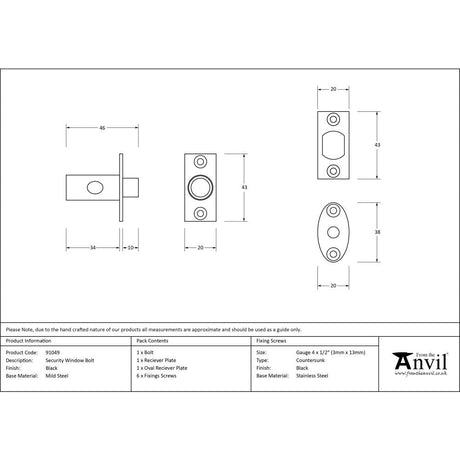This is an image showing From The Anvil - Black Security Window Bolt available from T.H Wiggans Architectural Ironmongery in Kendal, quick delivery and discounted prices