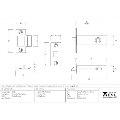 This is an image showing From The Anvil - Electro Brassed 3" Tubular Mortice Latch available from T.H Wiggans Architectural Ironmongery in Kendal, quick delivery and discounted prices