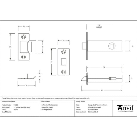 This is an image showing From The Anvil - Nickel 3" Tubular Mortice Latch available from T.H Wiggans Architectural Ironmongery in Kendal, quick delivery and discounted prices