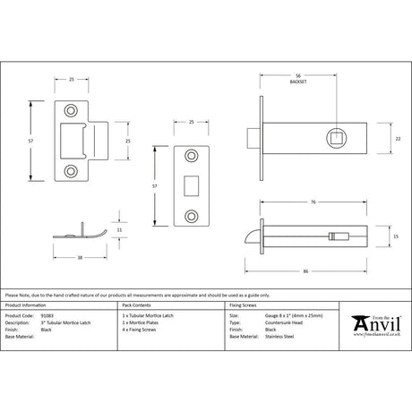 This is an image showing From The Anvil - Black 3" Tubular Mortice Latch available from T.H Wiggans Architectural Ironmongery in Kendal, quick delivery and discounted prices