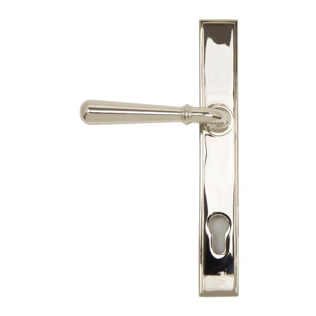 This is an image showing From The Anvil - Polished Nickel Newbury Slimline Lever Espag. Lock Set available from trade door handles, quick delivery and discounted prices