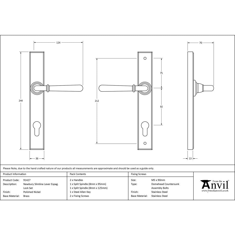 This is an image showing From The Anvil - Polished Nickel Newbury Slimline Lever Espag. Lock Set available from trade door handles, quick delivery and discounted prices