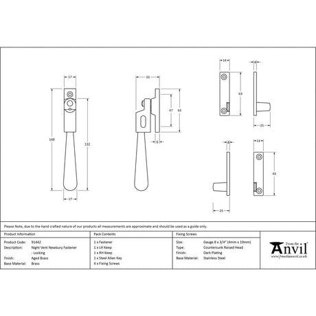 This is an image showing From The Anvil - Aged Brass Night-Vent Locking Newbury Fastener available from T.H Wiggans Architectural Ironmongery in Kendal, quick delivery and discounted prices