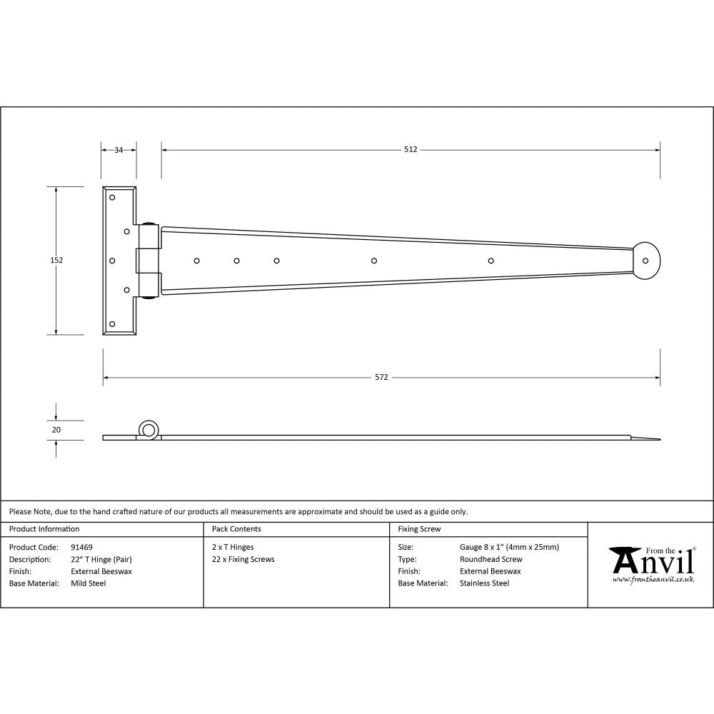 This is an image showing From The Anvil - External Beeswax 22" Penny End T Hinge (pair) available from T.H Wiggans Architectural Ironmongery, quick delivery and discounted prices