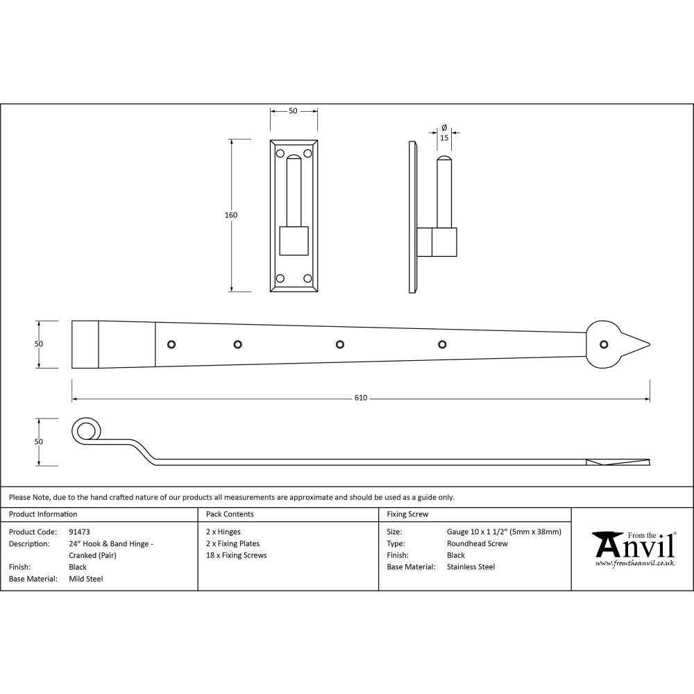 This is an image showing From The Anvil - Black 24" Hook & Band Hinge - Cranked (pair) available from T.H Wiggans Architectural Ironmongery, quick delivery and discounted prices