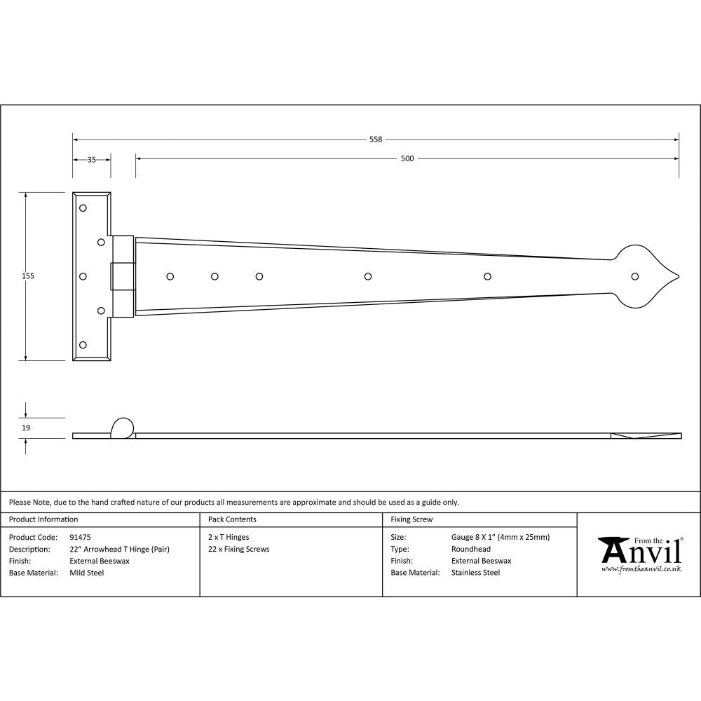 This is an image showing From The Anvil - External Beeswax 22" Arrow Head T Hinge (pair) available from T.H Wiggans Architectural Ironmongery, quick delivery and discounted prices