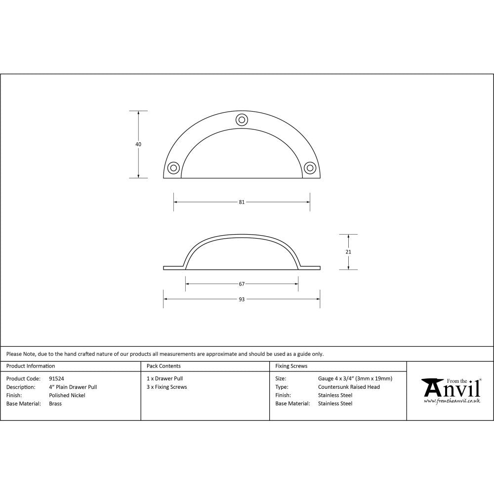 This is an image showing From The Anvil - Polished Nickel 4" Plain Drawer Pull available from trade door handles, quick delivery and discounted prices