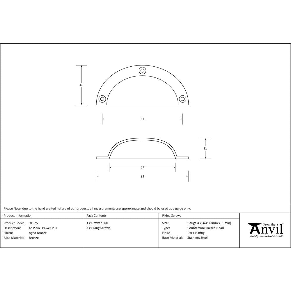 This is an image showing From The Anvil - Aged Bronze 4" Plain Drawer Pull available from trade door handles, quick delivery and discounted prices