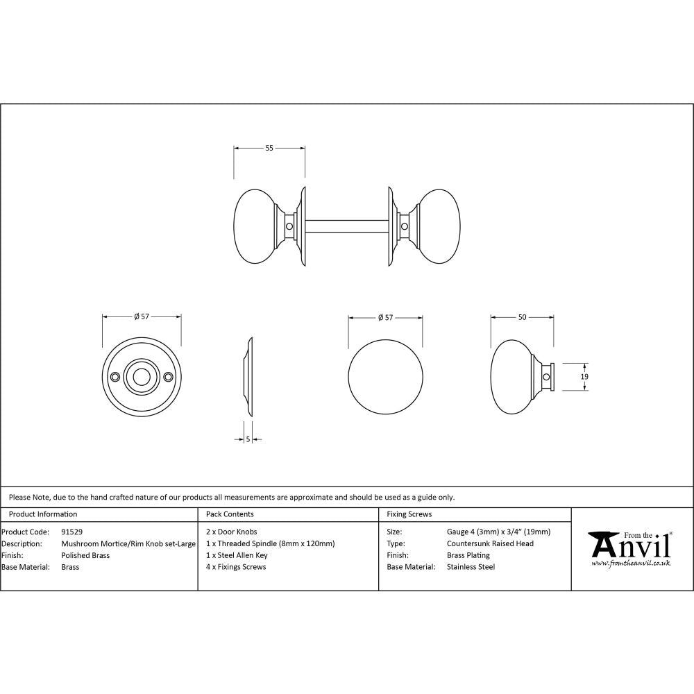 This is an image showing From The Anvil - Polished Brass 57mm Mushroom Mortice/Rim Knob Set available from trade door handles, quick delivery and discounted prices