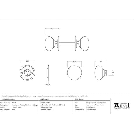 This is an image showing From The Anvil - Polished Brass 57mm Mushroom Mortice/Rim Knob Set available from trade door handles, quick delivery and discounted prices