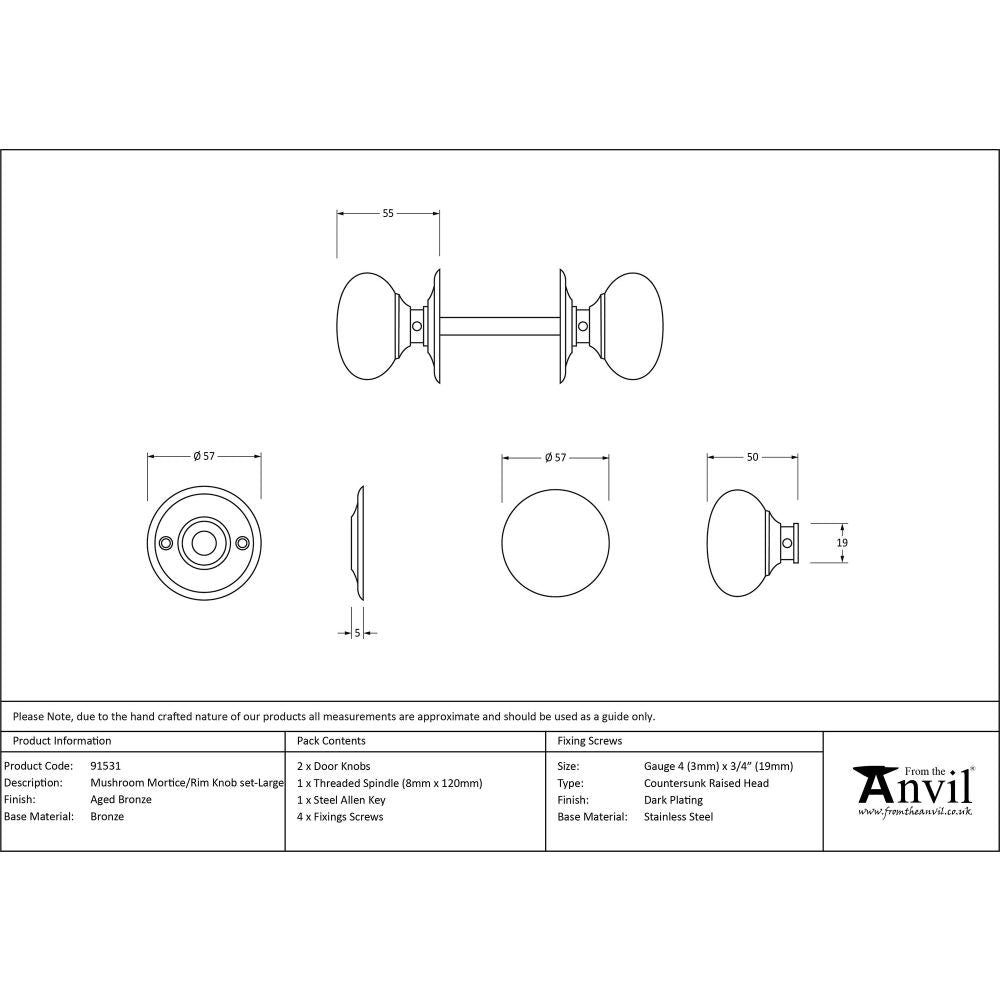 This is an image showing From The Anvil - Aged Bronze 57mm Mushroom Mortice/Rim Knob Set available from trade door handles, quick delivery and discounted prices