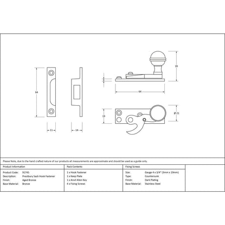 This is an image showing From The Anvil - Aged Bronze Prestbury Sash Hook Fastener available from T.H Wiggans Architectural Ironmongery in Kendal, quick delivery and discounted prices
