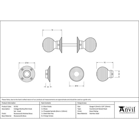 This is an image showing From The Anvil - Rosewood and PB Cottage Mortice/Rim Knob Set - Small available from trade door handles, quick delivery and discounted prices