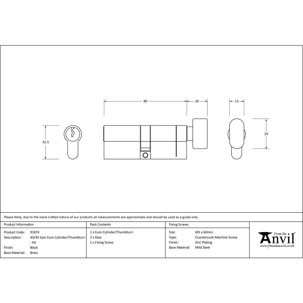 This is an image showing From The Anvil - Black 40/40 6pin Euro Cylinder/Thumbturn KA available from T.H Wiggans Architectural Ironmongery in Kendal, quick delivery and discounted prices