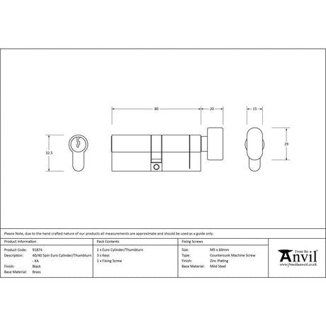 This is an image showing From The Anvil - Black 40/40 6pin Euro Cylinder/Thumbturn KA available from T.H Wiggans Architectural Ironmongery in Kendal, quick delivery and discounted prices