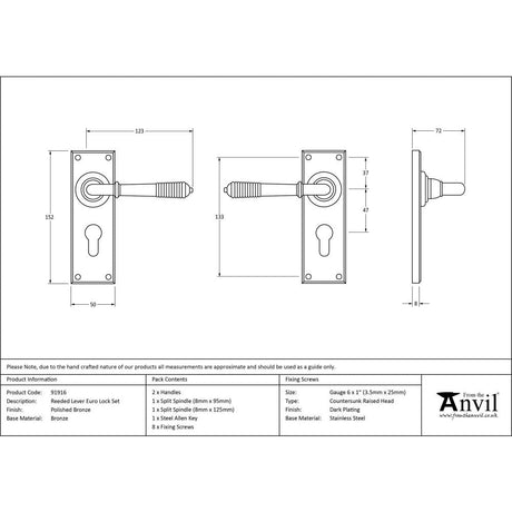 This is an image showing From The Anvil - Polished Bronze Reeded Lever Euro Lock Set available from trade door handles, quick delivery and discounted prices