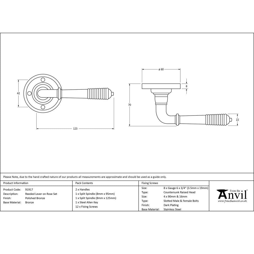 This is an image showing From The Anvil - Polished Bronze Reeded Lever on Rose Set available from trade door handles, quick delivery and discounted prices