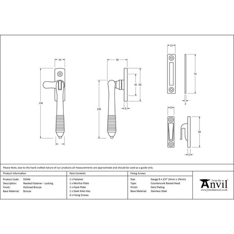 This is an image showing From The Anvil - Polished Bronze Locking Reeded Fastener available from T.H Wiggans Architectural Ironmongery in Kendal, quick delivery and discounted prices