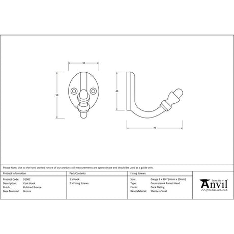 This is an image showing From The Anvil - Polished Bronze Coat Hook available from trade door handles, quick delivery and discounted prices